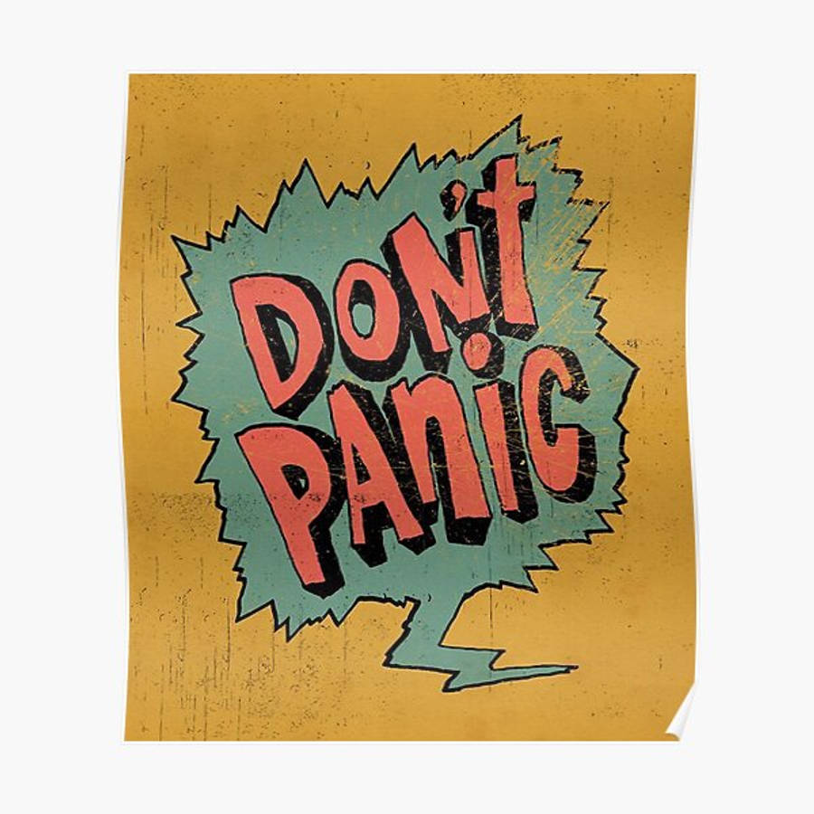 Panic 桌布 壁紙 — 在紋理金色背景上，鋸齒狀對話框中的粗體紅色文字 'DON'T PANIC'。