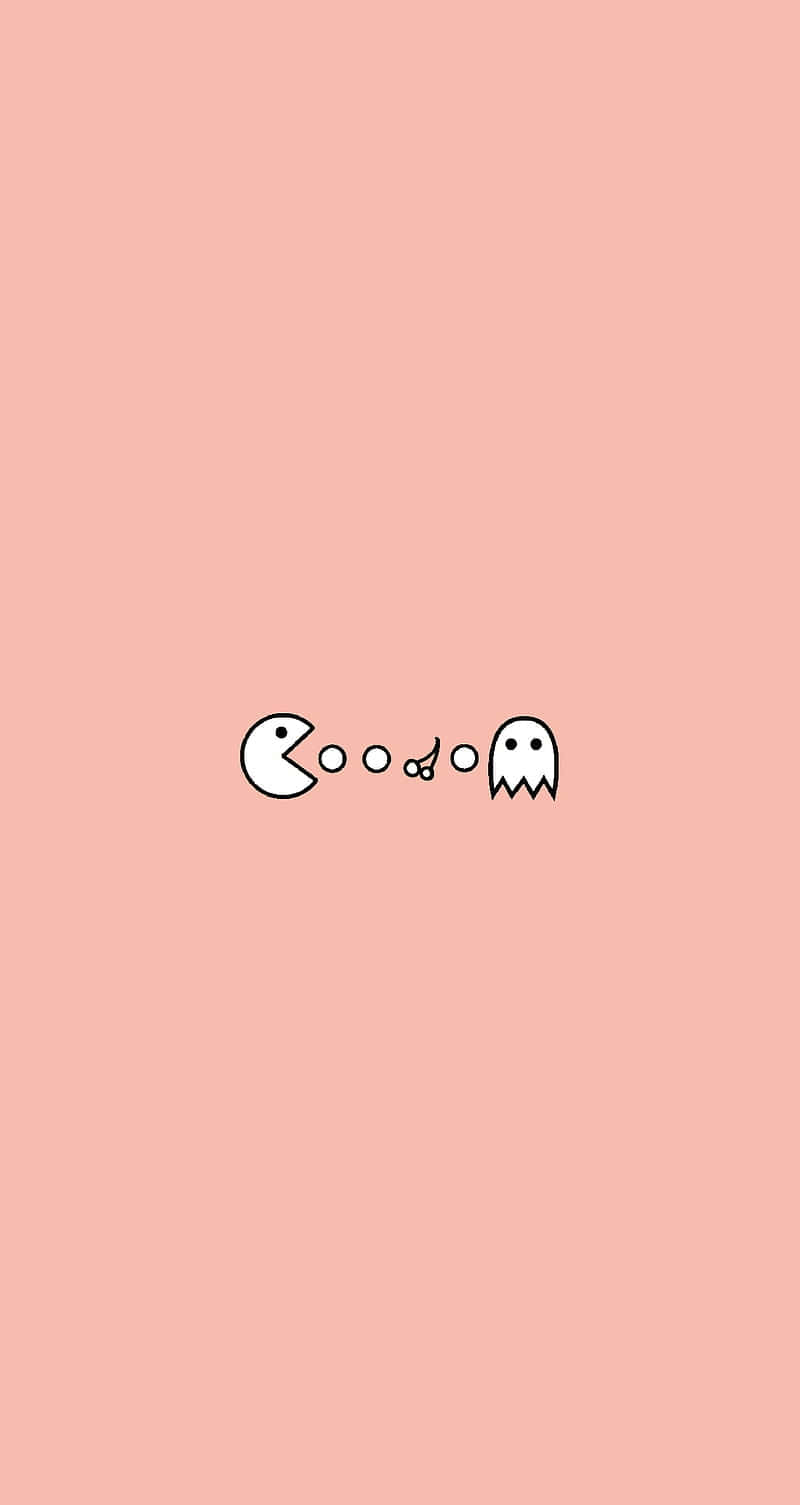 Minimalist Pink 桌布 壁紙 — 在純桃色背景上，一幅極簡風格的白色線條畫，描繪 Pac-Man 追逐鬼魂。