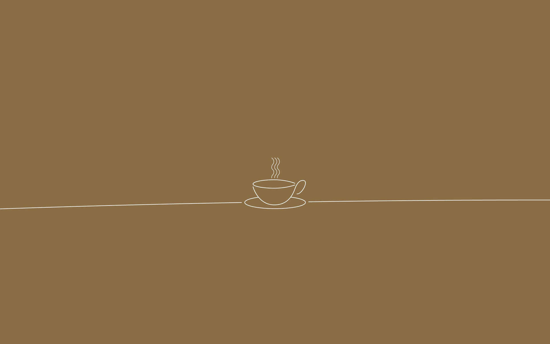 Coffee Cup 桌布 壁紙 — 在純棕色背景上，一條水平線中央放置了一個冒煙咖啡杯的極簡白色線條畫。
