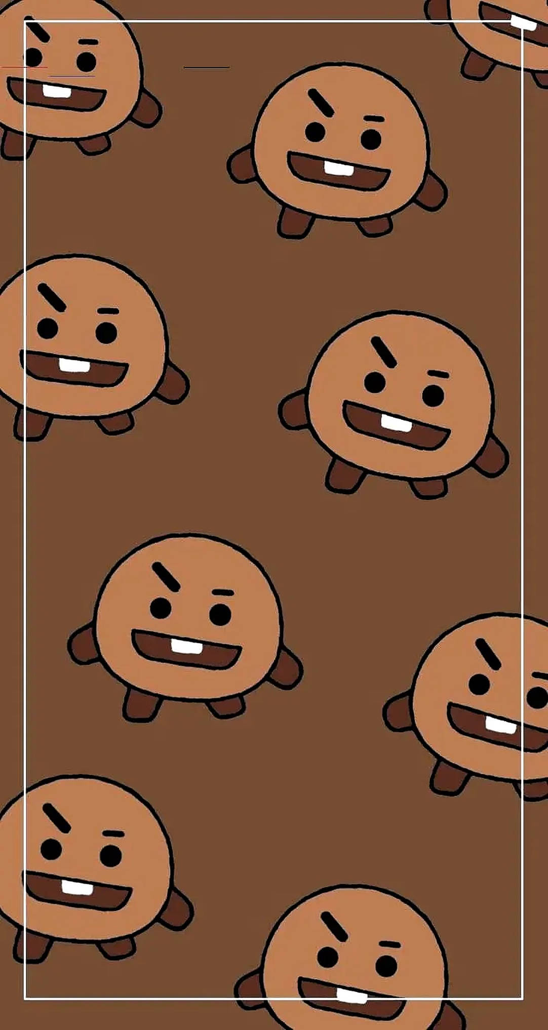 shooky bt21 桌布 壁紙 — 在純棕色背景上重複出現帶有憤怒表情的卡通餅乾角色。