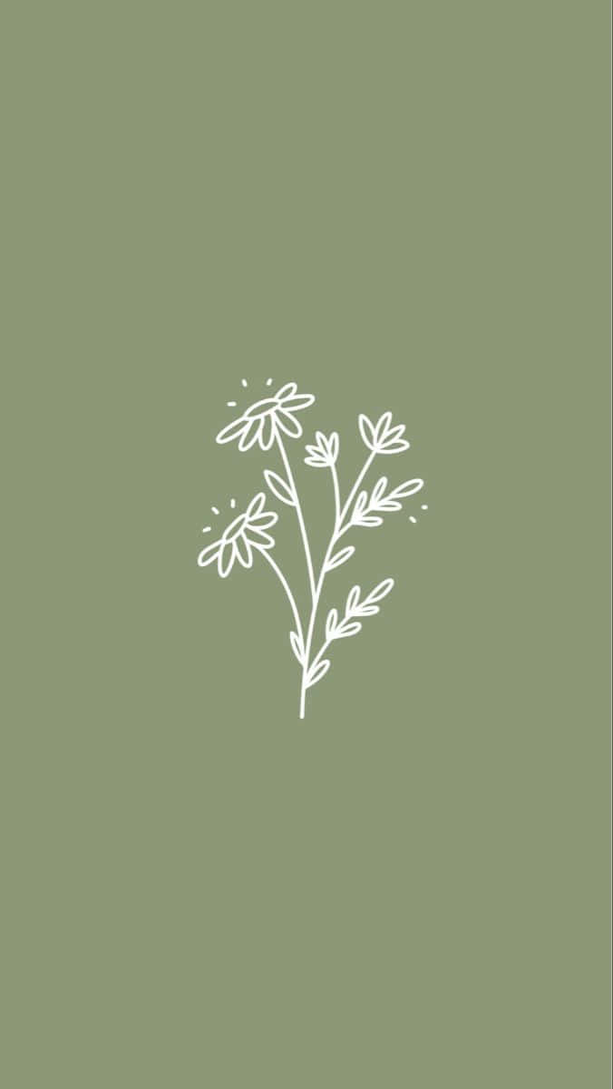 Sage 桌布 壁紙 — 在純橄欖綠背景上，以極簡白色線條繪製的細緻花枝，帶有葉片和花朵。