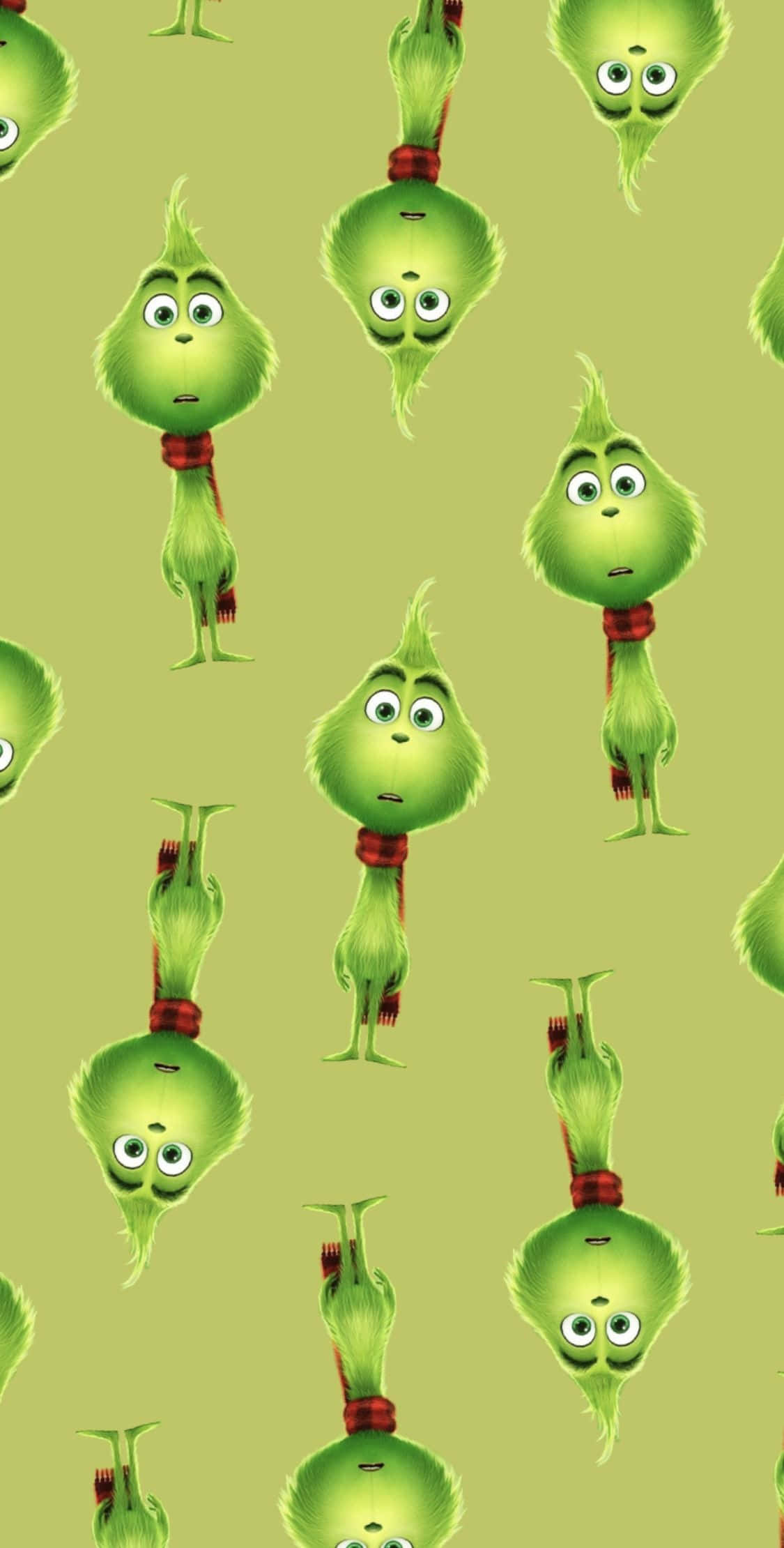 Cute Grinch 桌布 壁紙 — 在純橄欖綠背景上，重複出現戴著紅色圍巾的綠色鬼靈精角色圖案。