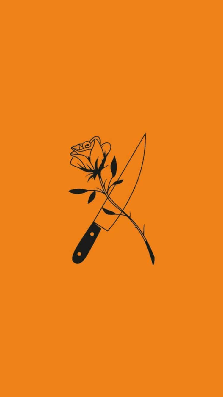 Knife 桌布 壁紙 — 在純橙色背景上，一朵玫瑰和一把刀交叉的鮮明黑色線條畫。