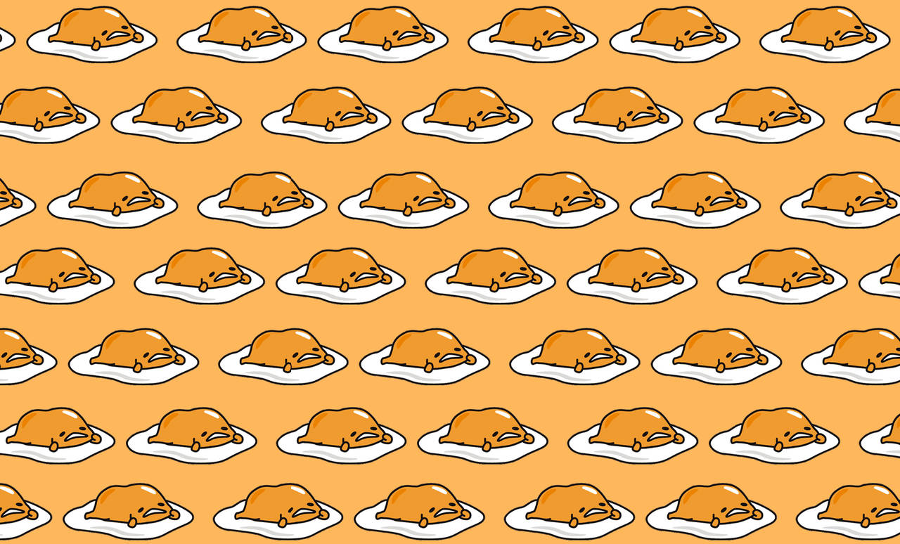 蛋黃哥 桌布 壁紙 — 在純橙色背景上，白色盤子上可愛的 gudetama 卡通雞蛋重複圖案。