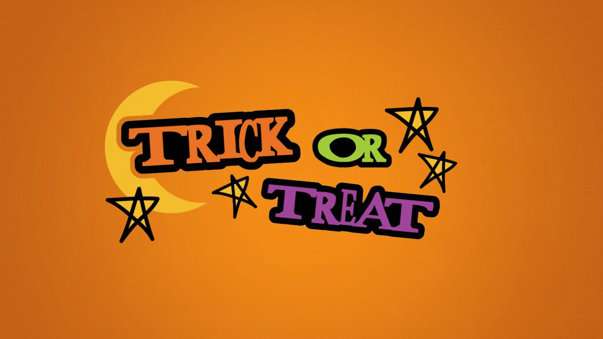 treat 桌布 壁紙 — 在純橙色背景上帶有星星和新月的醒目彩色 trick or treat 文字。