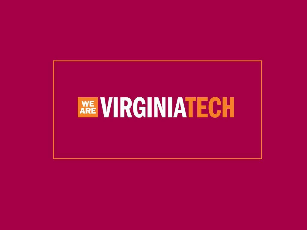 Virginia Tech 桌布 壁紙 — 在純洋紅色背景上，一個細長的橙色矩形內有白色和橙色的粗體 'WE ARE VIRGINIA TECH' 文字。