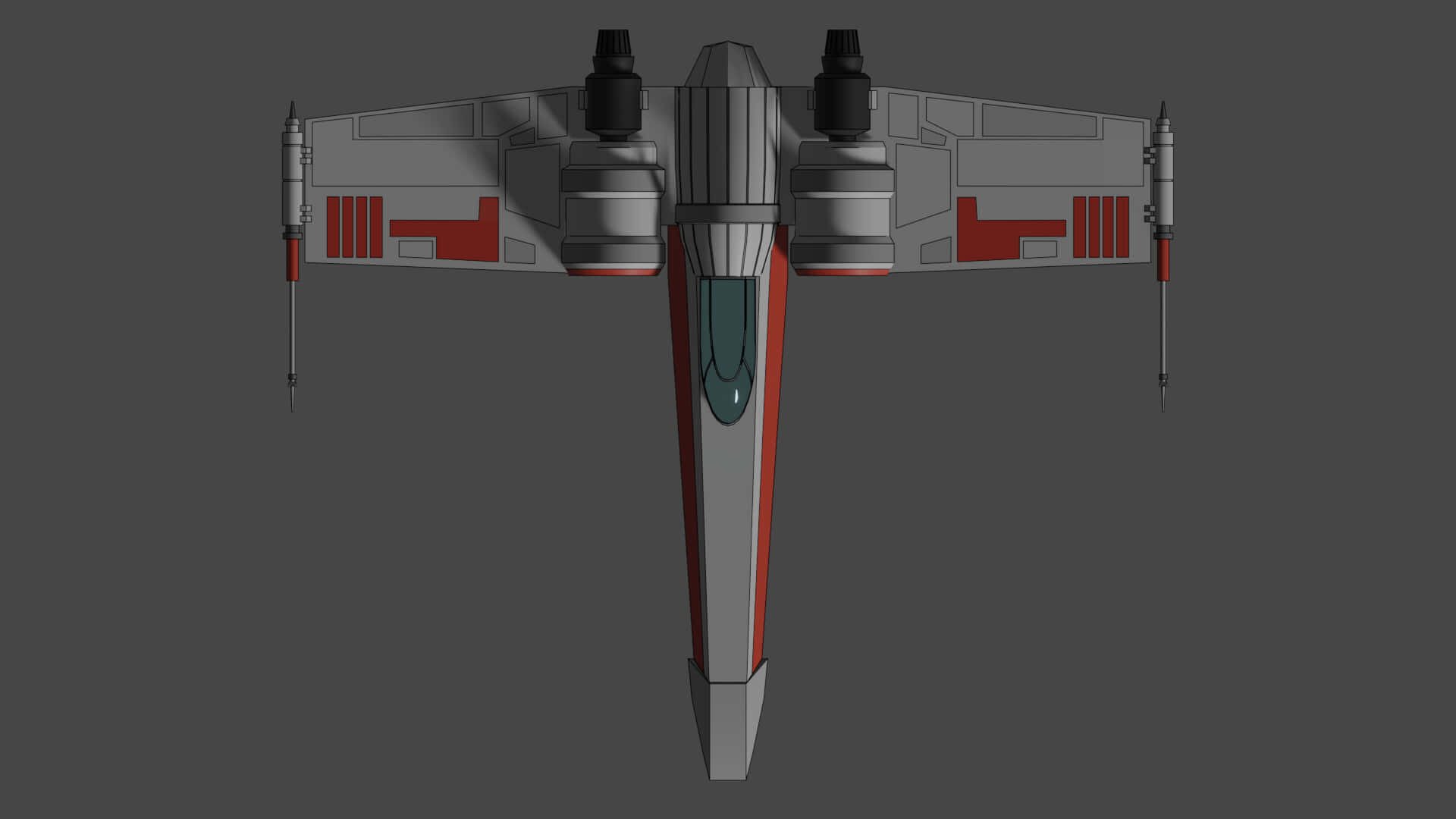 The Z-95 Headhunter 桌布 壁紙 — 在純灰色背景上，一架灰色和紅色的星際戰鬥機的俯視圖，配備雙引擎和機翼安裝的加農炮。