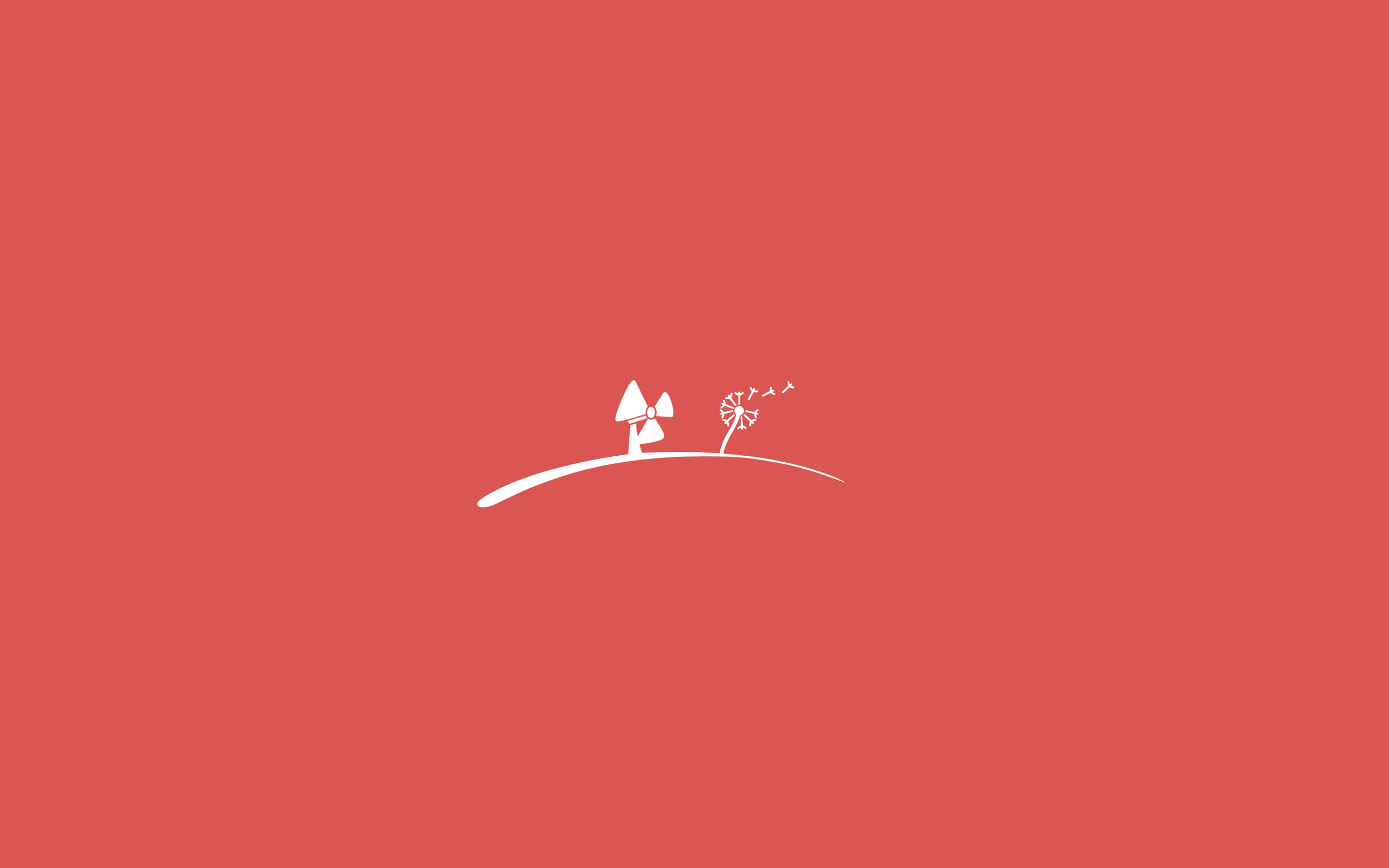 Cute Red 桌布 壁紙 — 在純珊瑚色背景上，彎曲山丘上的樹木和蒲公英的極簡白色線條畫。