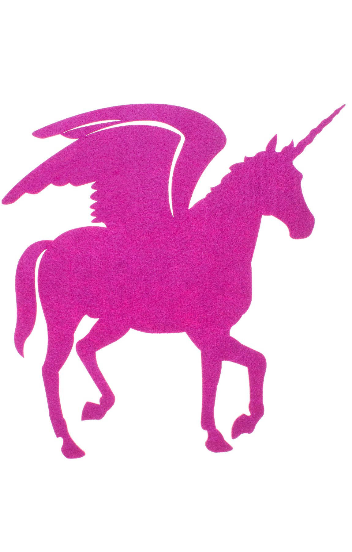 Cool Unicorn 桌布 壁紙 — 在純白背景上，一隻帶翅膀的獨角獸正奔馳的鮮豔洋紅色剪影。