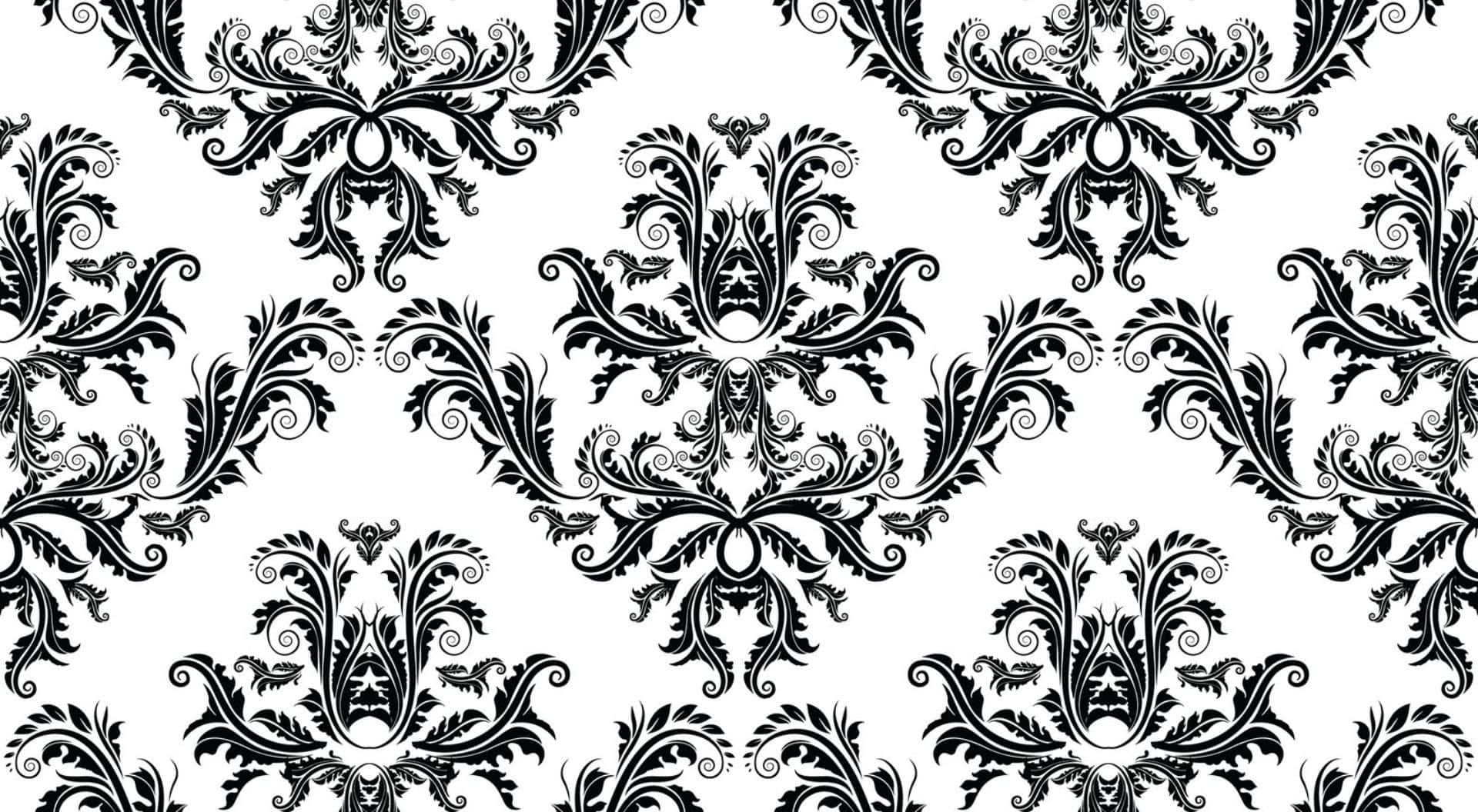 Black And White Pattern 桌布 壁紙 — 在純白背景上，優雅的黑色大馬士革圖案，帶有漩渦狀葉片和花卉元素。