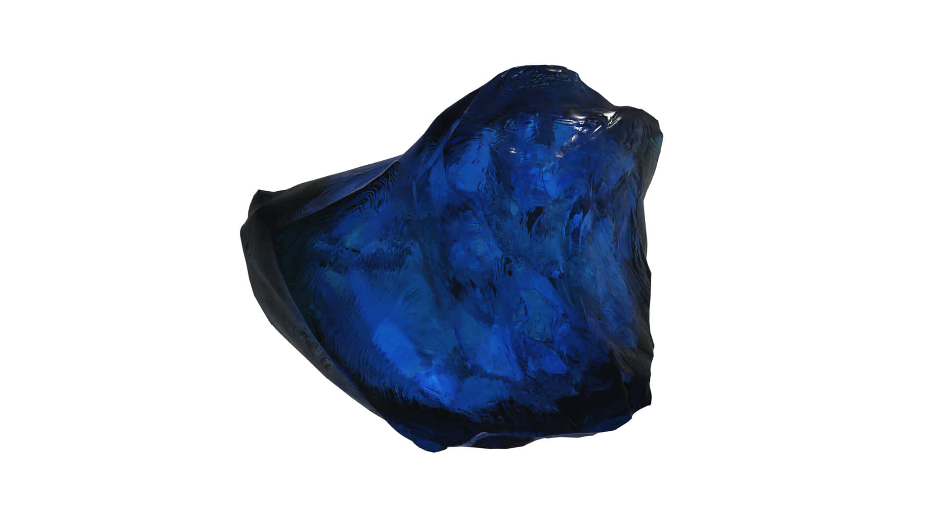 Space Stone 桌布 壁紙 — 在純白背景上，帶有漩渦紋理和高光的亮面深藍色抽象雕塑形態。