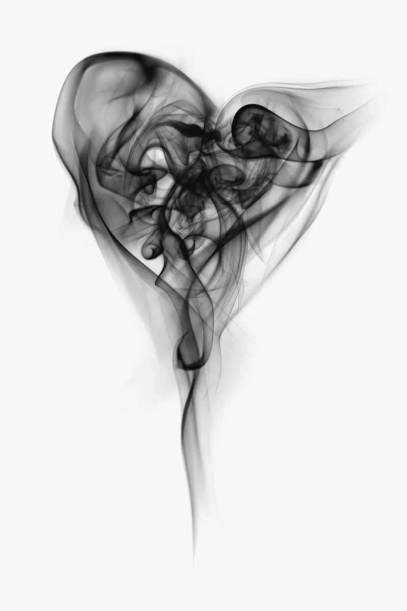 Aesthetic Black 桌布 壁紙 — 在純白背景上，深色煙霧形成心形漩渦，帶有柔和漸變和纖細的卷鬚。