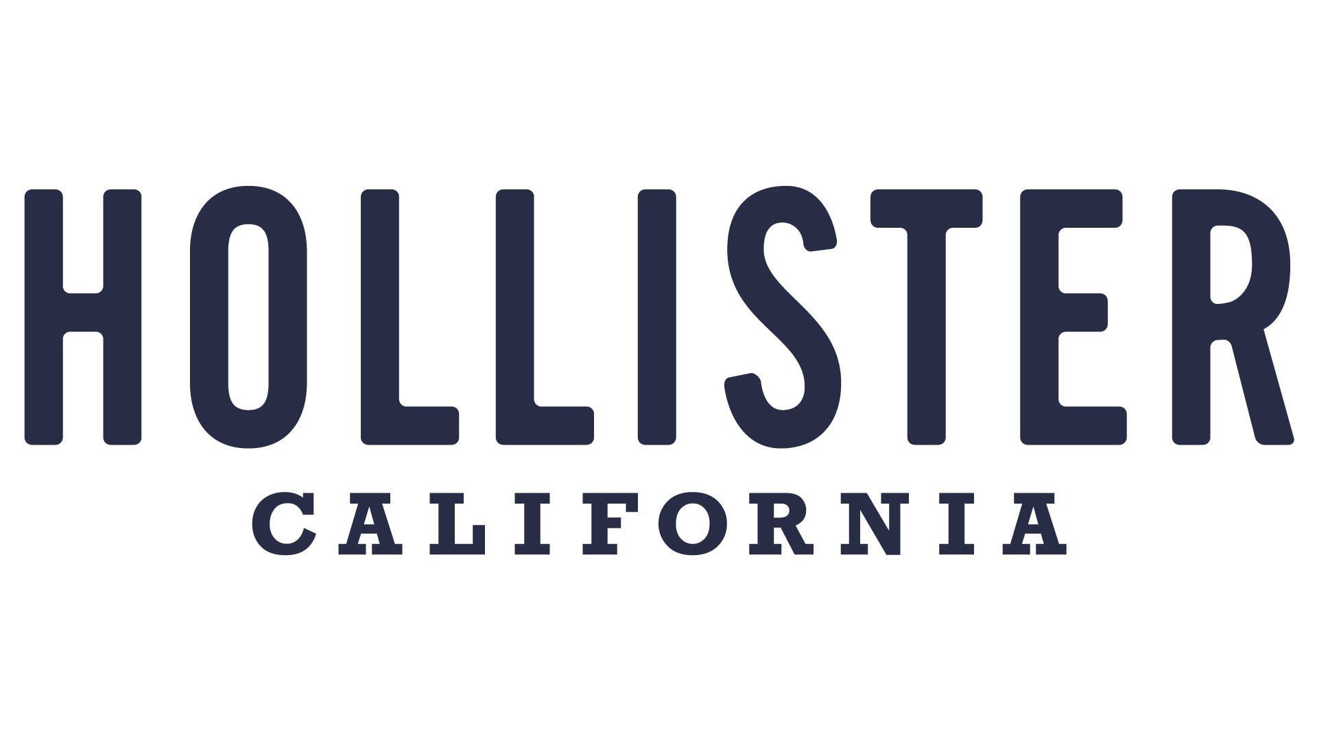 Hollister 桌布 壁紙 — 在純白背景上以極簡字體呈現的醒目海軍藍 Hollister California 標誌。