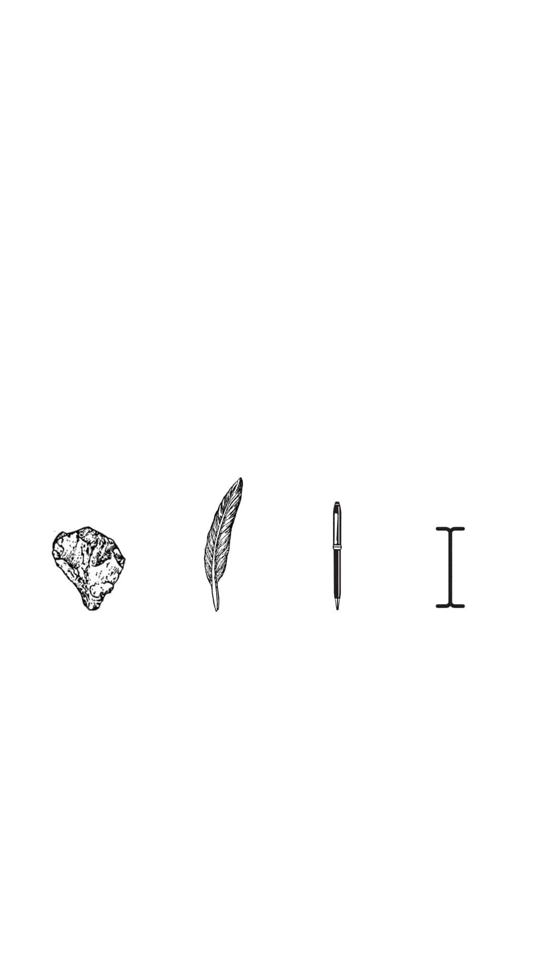Minimal Art 桌布 壁紙 — 在純白背景上以極簡線條繪製的石頭羽毛筆和打字機按鍵。