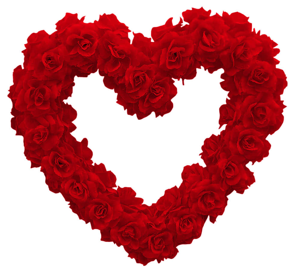 Rose Heart 桌布 壁紙 — 在純白背景上以鮮紅玫瑰排列成心形圖案。