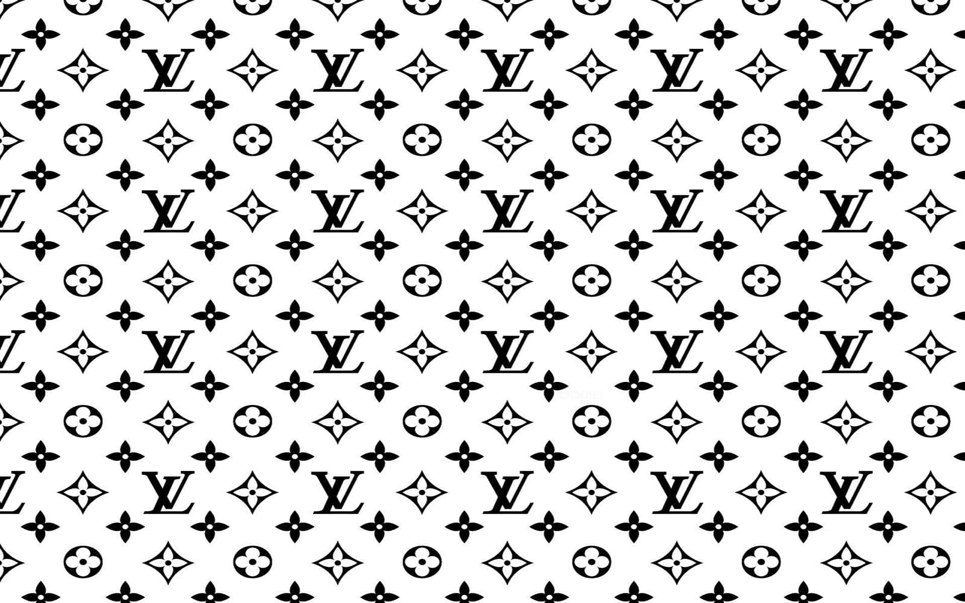路易威登 桌布 壁紙 — 在純白背景上重複出現的 Louis Vuitton 字母組合標誌和花卉圖案的黑白圖案。