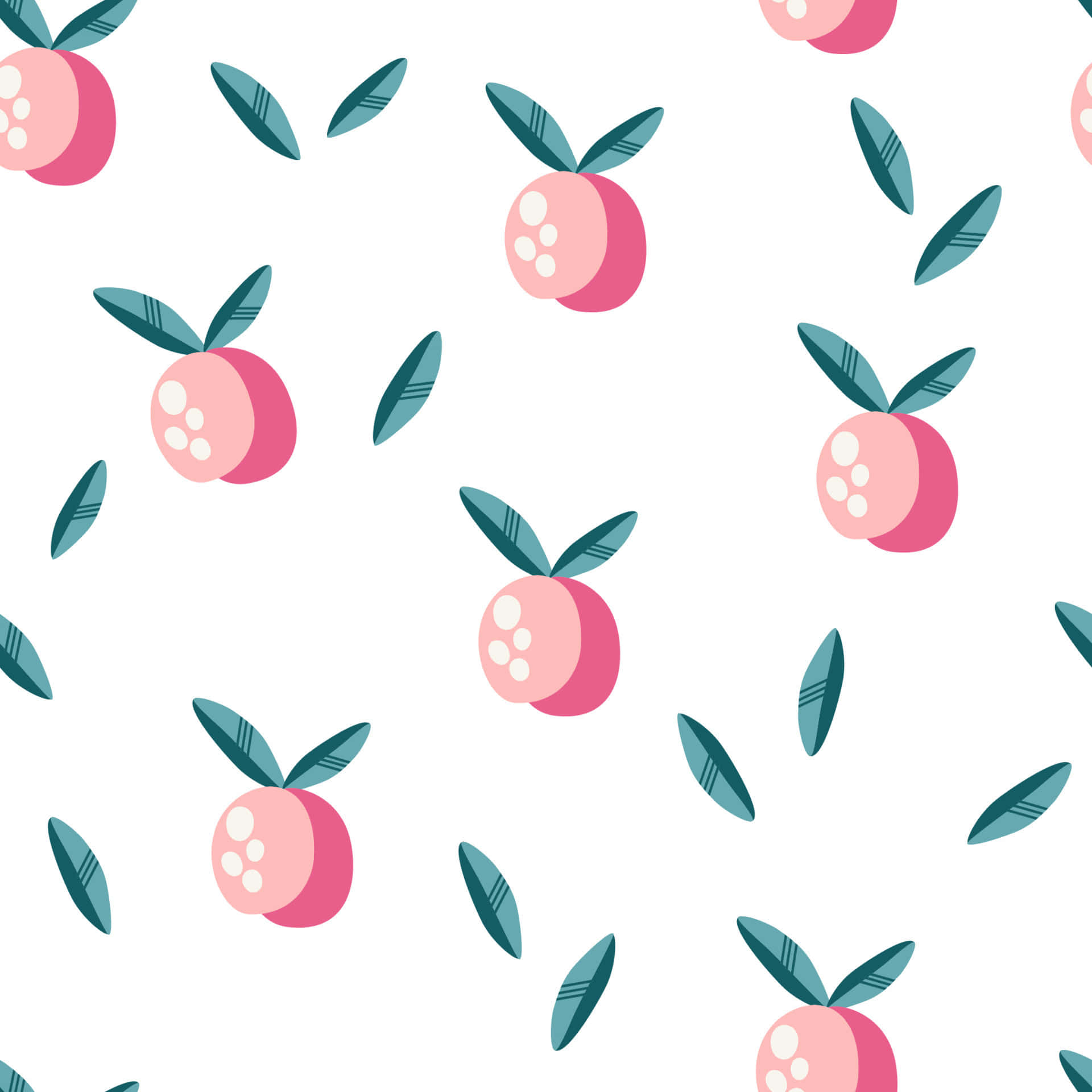 Cute Peach 桌布 壁紙 — 在純白背景上重複的風格化粉紅桃子片圖案，搭配青綠色葉子。