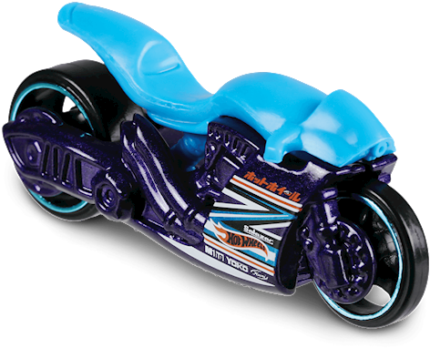 Hot Wheels 桌布 壁紙 — 在純白背景下，一輛帶有霓虹色調和黑色輪胎的光面藍紫Hot Wheels摩托車玩具。