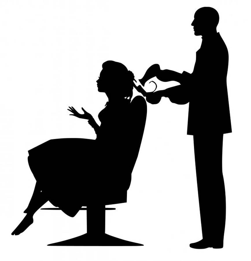 Salon 桌布 壁紙 — 在純白背景下的理髮椅上，一位造型師為坐著的女士整理頭髮的剪影人物。
