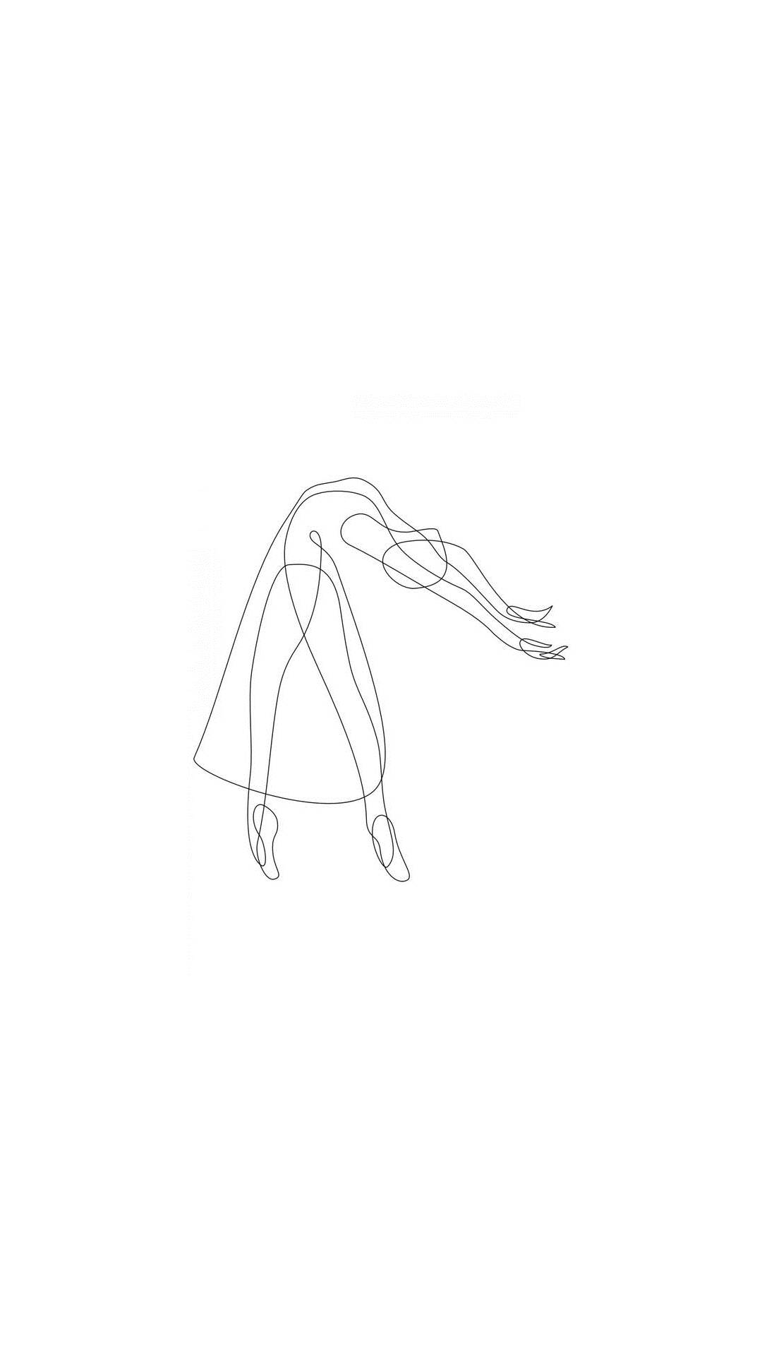 One Line Drawing 桌布 壁紙 — 在純白色背景上，一個風格化人體在流暢運動中的極簡線條畫。