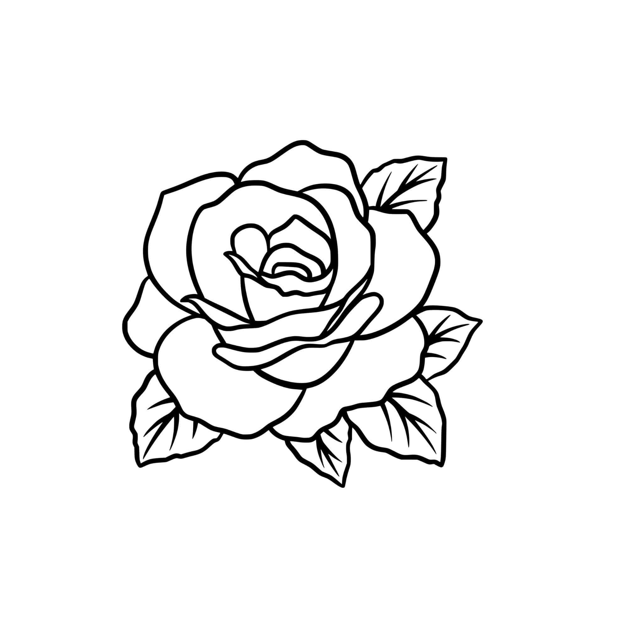 Rose Symbol 桌布 壁紙 — 在純白色背景上，一朵盛開玫瑰的極簡黑色線條畫，帶有詳細的花瓣和葉子。