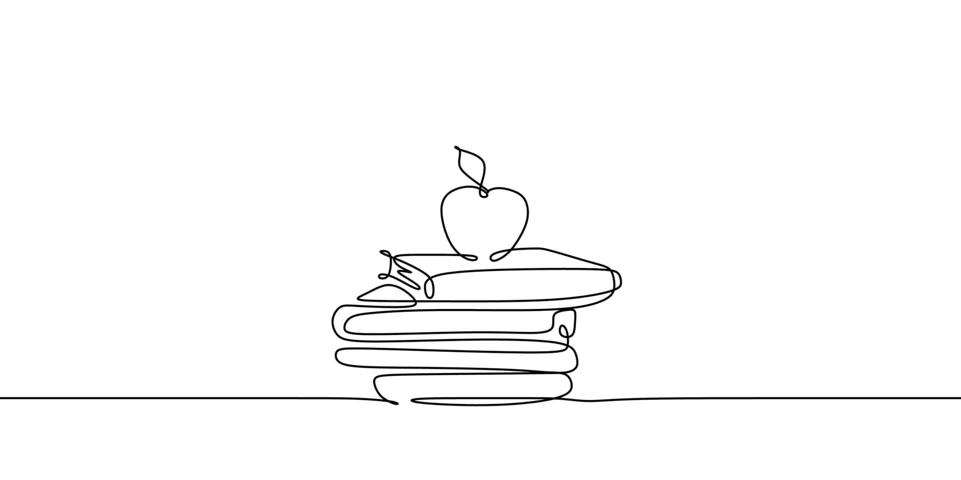 Stack Of Books 桌布 壁紙 — 在純白色背景上，以極簡單線條繪製的一疊書，頂部放有一顆蘋果。