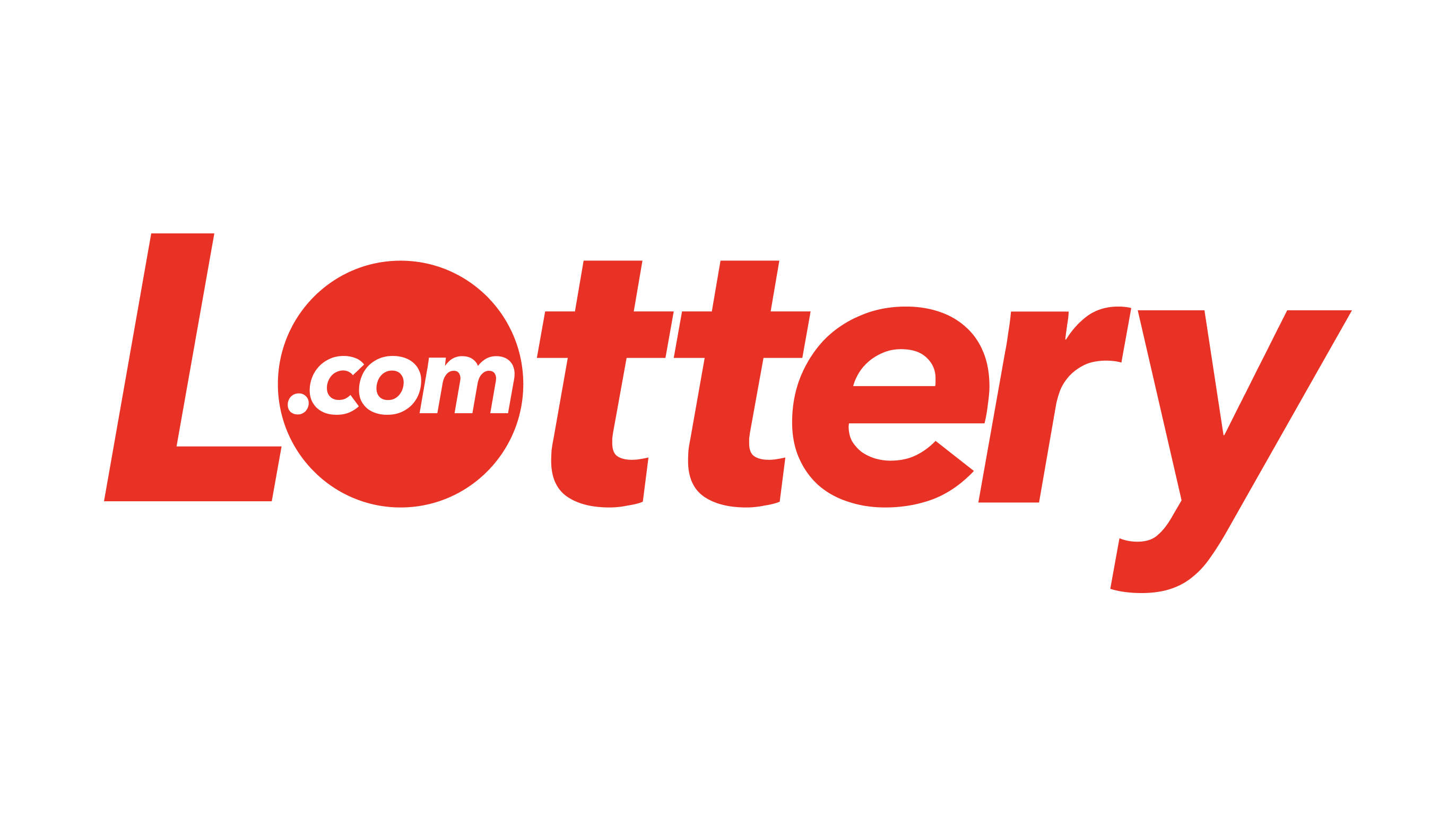 Lottery 桌布 壁紙 — 在純白色背景上，圓圈內帶有白色 dot com 的醒目紅色 Lottery.com 標誌。