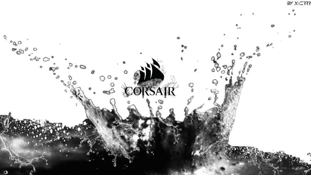 Corsair 桌布 壁紙 — 在純白色背景上，黑白動態水花在 Corsair 標誌周圍噴濺。