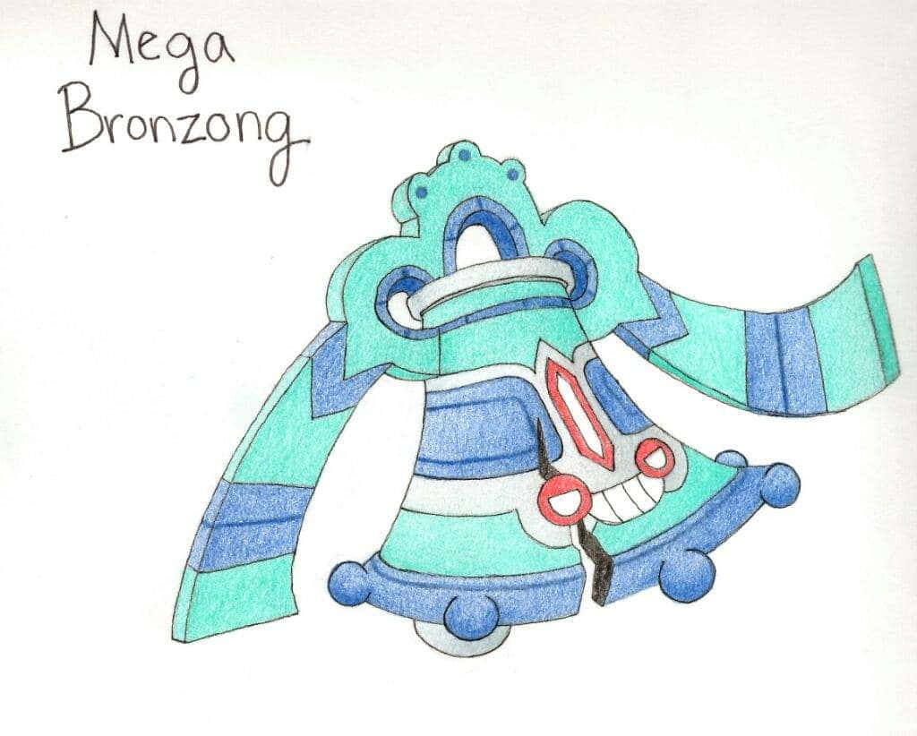 藝術 桌布 壁紙 — 在純白色背景上手繪的 Mega Bronzong 插圖，帶有青藍色條紋和紅色點綴。