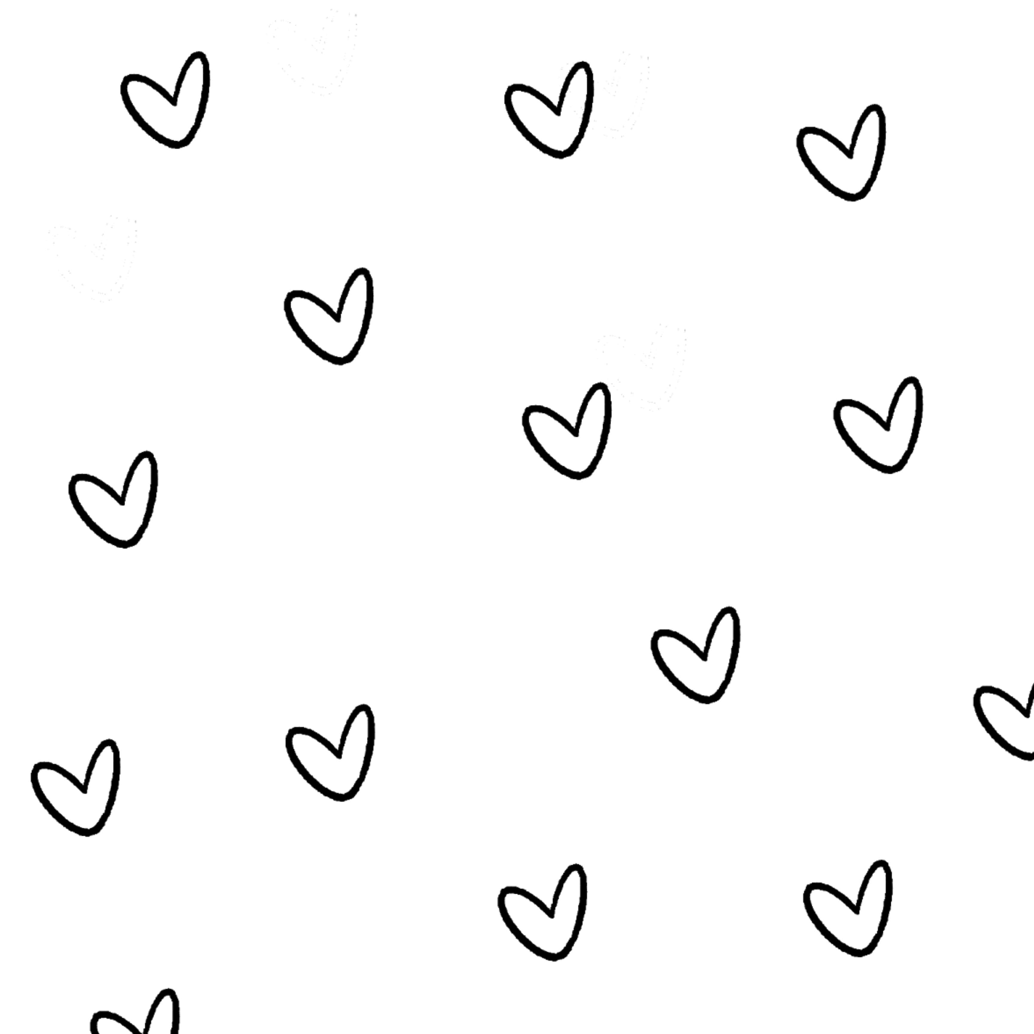 Black And White Heart 桌布 壁紙 — 在純白色背景上散落著手繪黑色心形輪廓的極簡圖案。