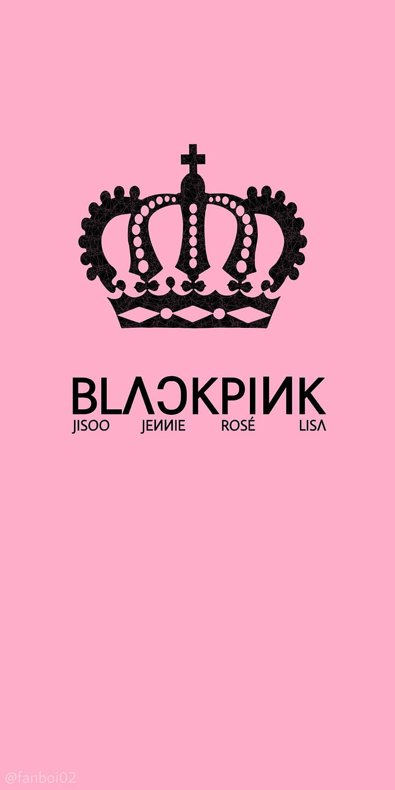 BLACKPINK 標誌 桌布 壁紙 — 在純粉紅色背景上，一個大膽的黑色皇冠標誌，下方有成員名字。
