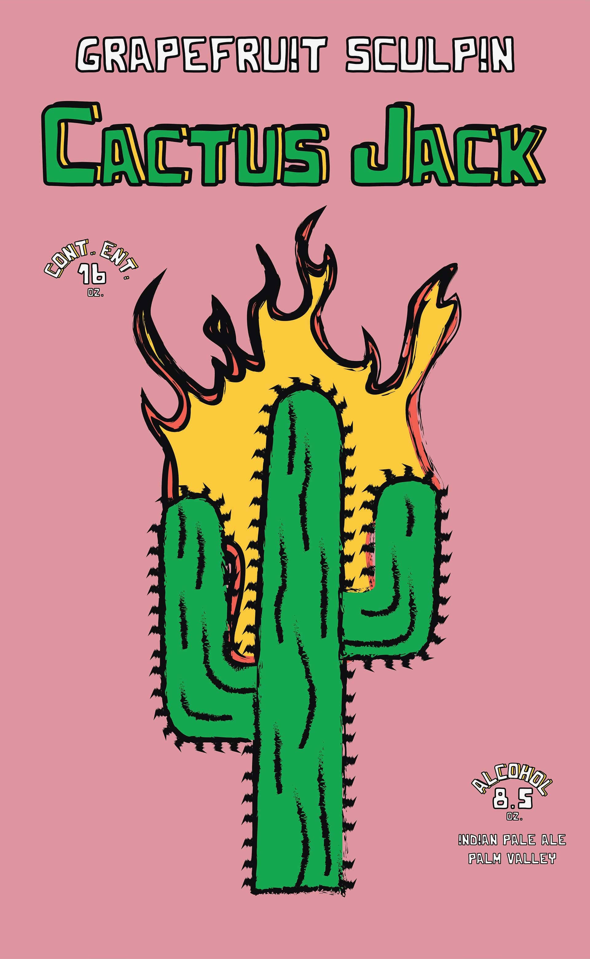 Cactus Jack 桌布 壁紙 — 在純粉紅色背景上，一個風格化的綠色仙人掌頂部噴出熾熱的黃色火焰。