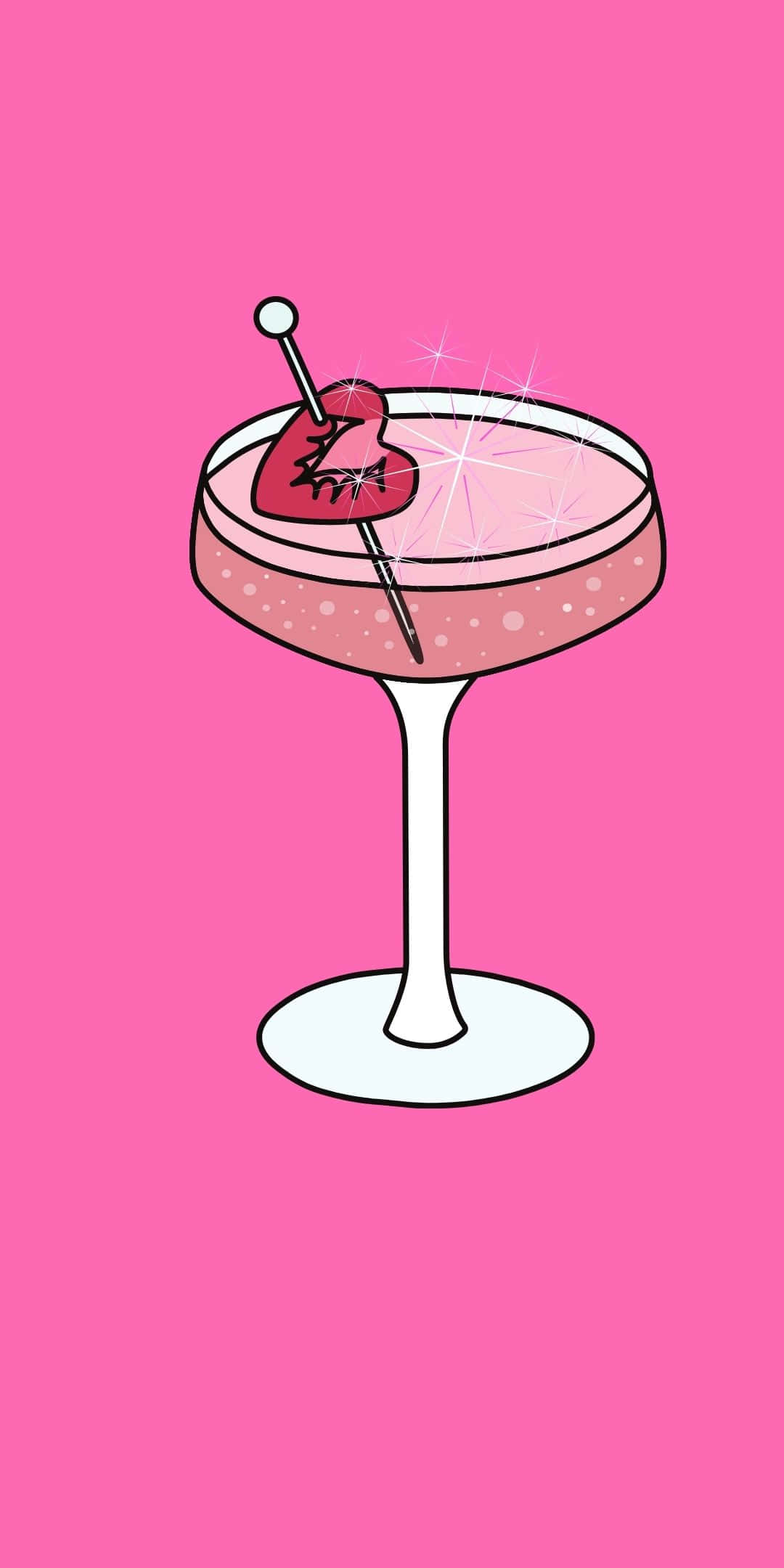 Drink 桌布 壁紙 — 在純粉紅色背景上，一杯放在高腳杯中的粉紅色雞尾酒，上面飾有破碎的心形裝飾和閃閃發光的亮片。