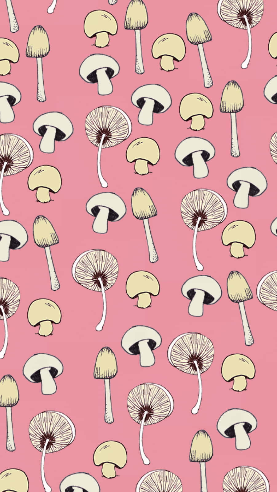 Kawaii Mushroom 桌布 壁紙 — 在純粉紅色背景上手繪的奶油色和米色蘑菇的俏皮圖案。