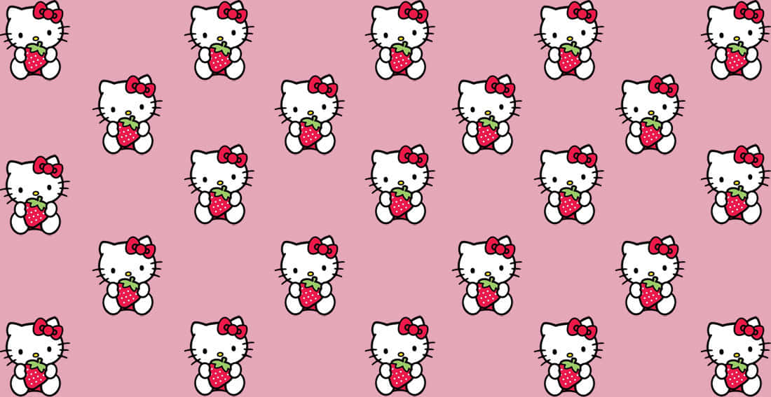 Hello Kitty Pc 桌布 壁紙 — 在純粉紅色背景上重複出現的卡通Hello Kitty角色手持草莓。