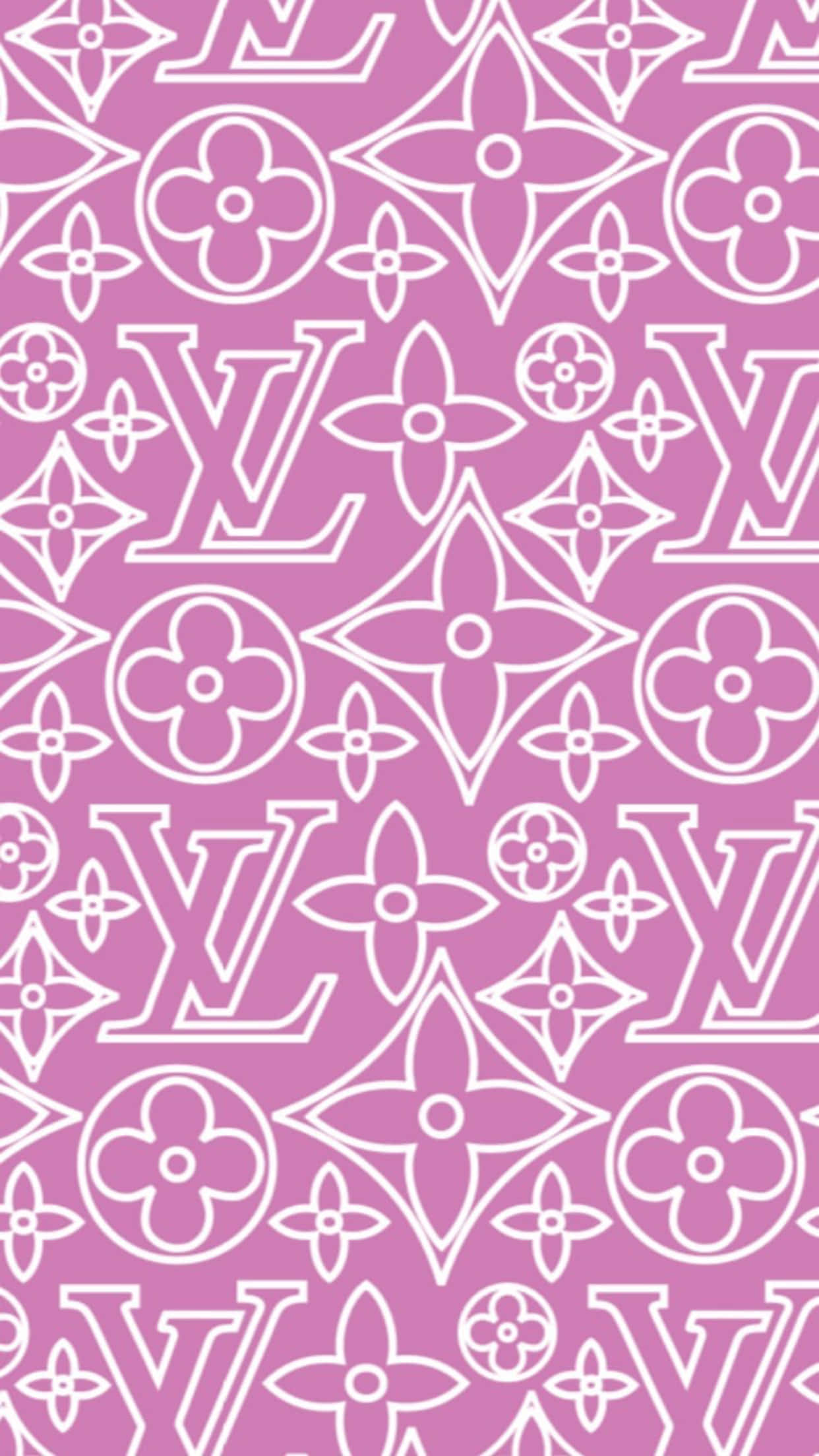 桌布 壁紙 — 在純粉紅色背景上重複出現的白色 Louis Vuitton 字母圖案。