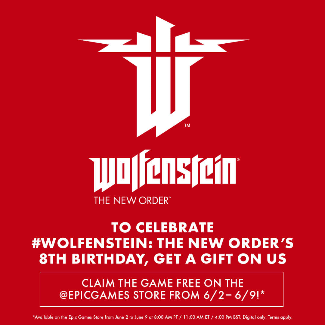 電玩遊戲 桌布 壁紙 — 在純紅色背景上，大膽的白色 Wolfenstein 標誌和宣傳文字宣佈免費遊戲贈送活動。
