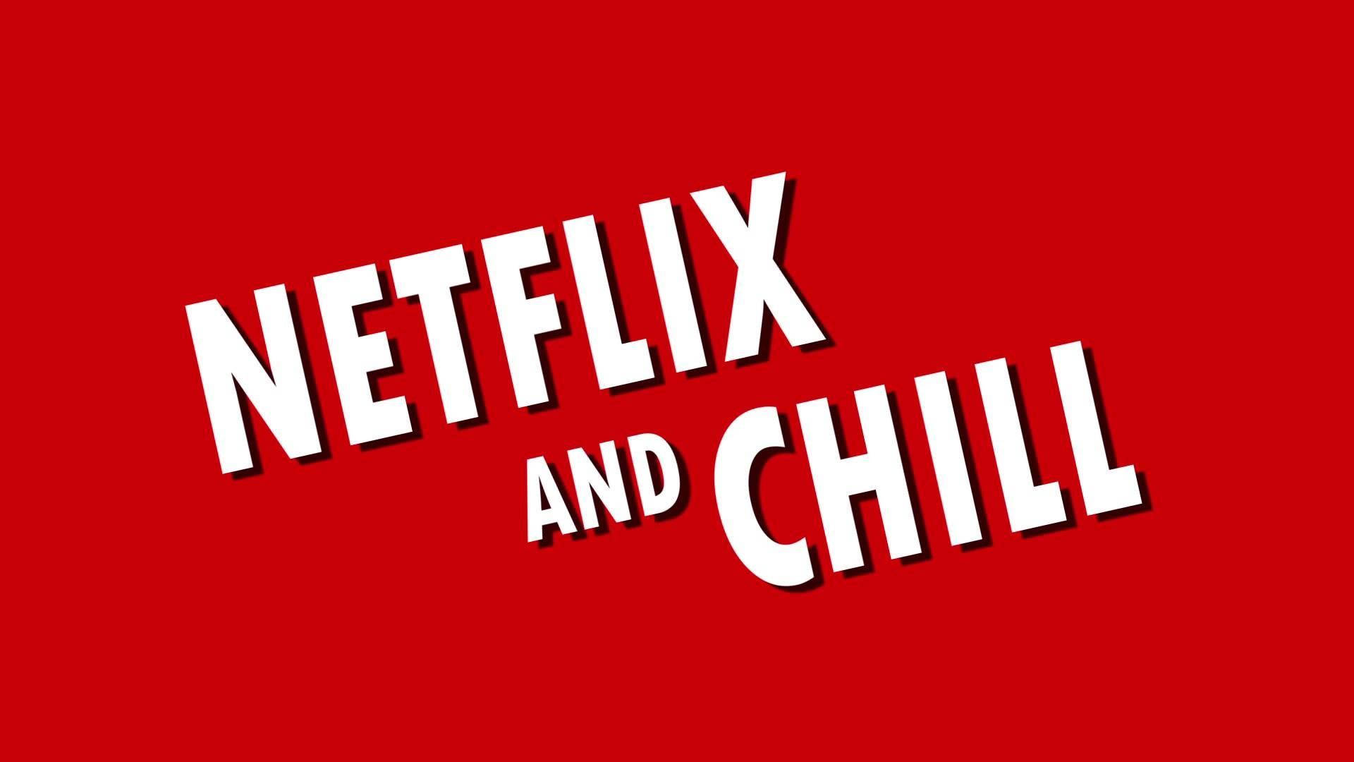 Netflix 桌布 壁紙 — 在純紅色背景上，斜向排列的粗體白色文字寫著「NETFLIX AND CHILL」。