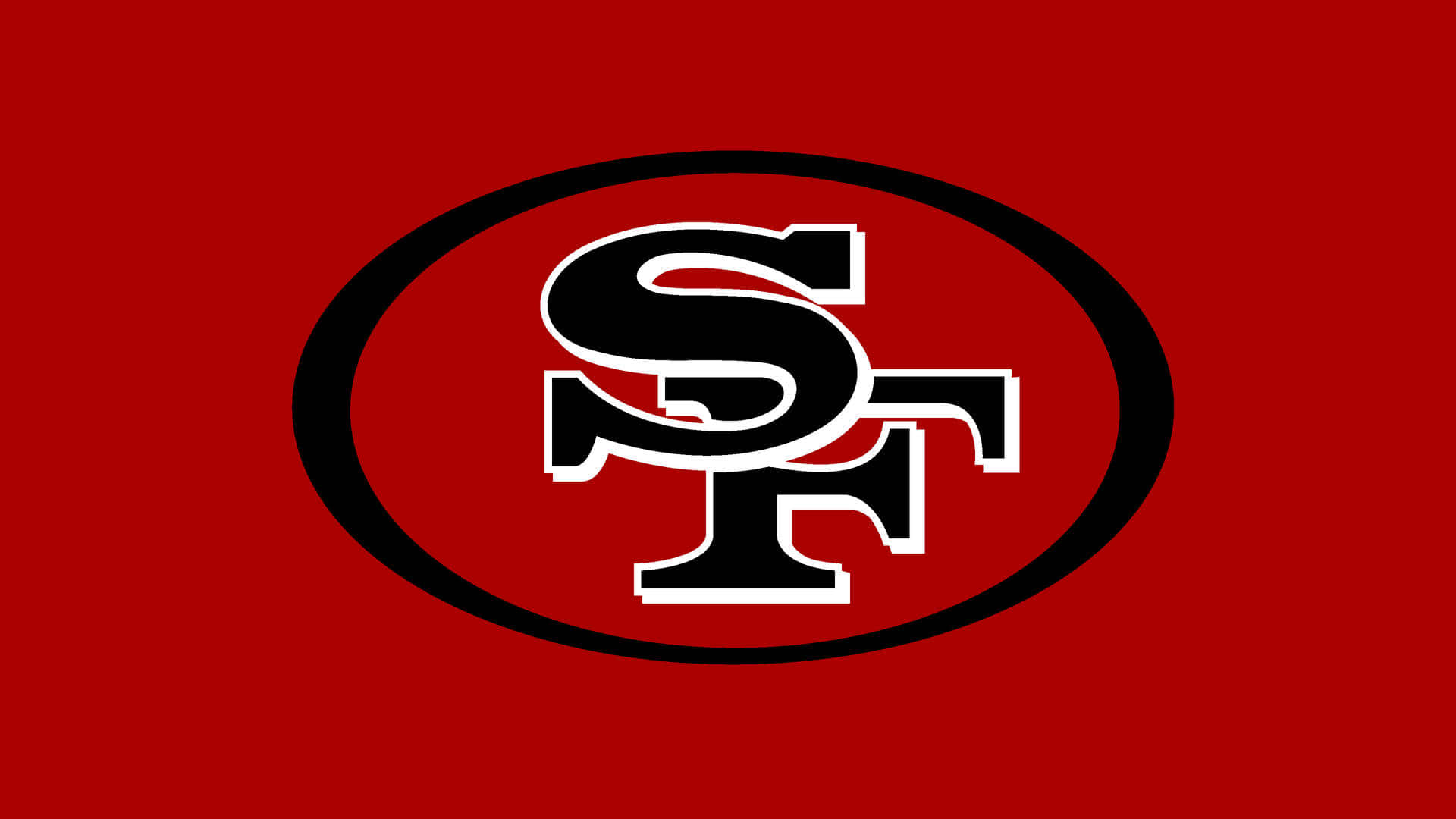 49ers 桌布 壁紙 — 在純紅色背景上，黑色橢圓形中央放置大膽的黑白SF標誌。