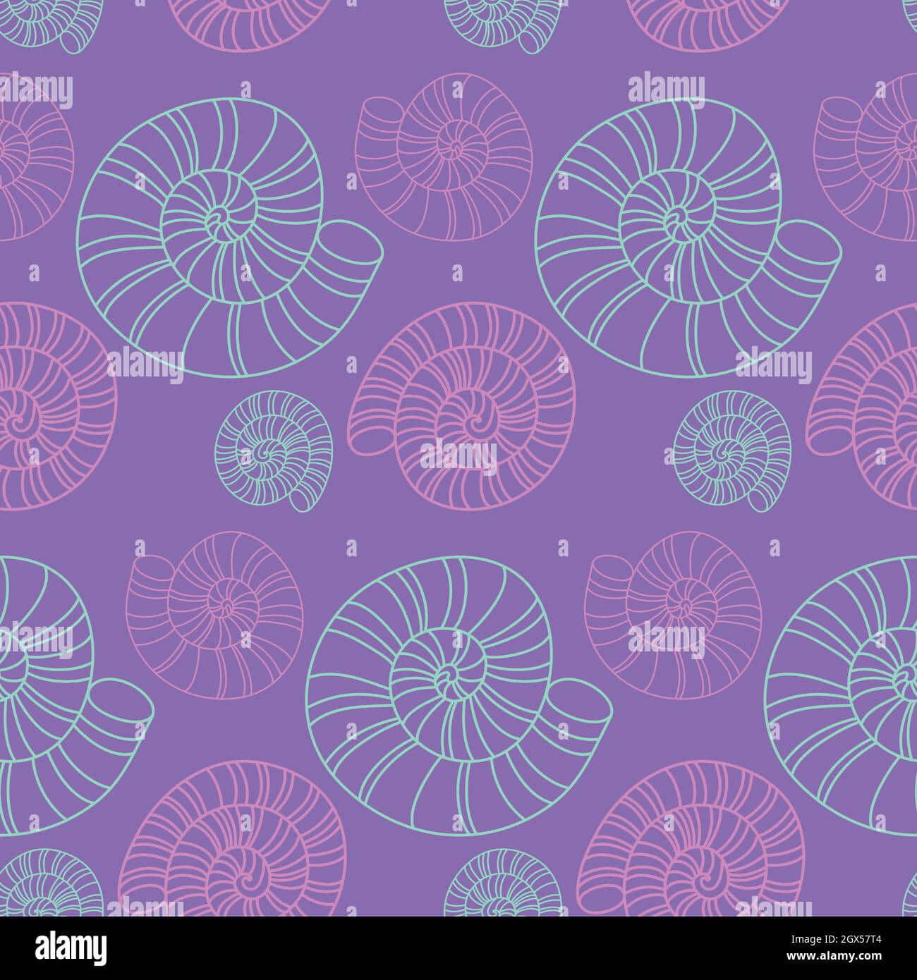 Lilac Color 桌布 壁紙 — 在純紫色背景上，以粉彩粉紅和青綠色輪廓繪製的風格化菊石殼重複圖案。