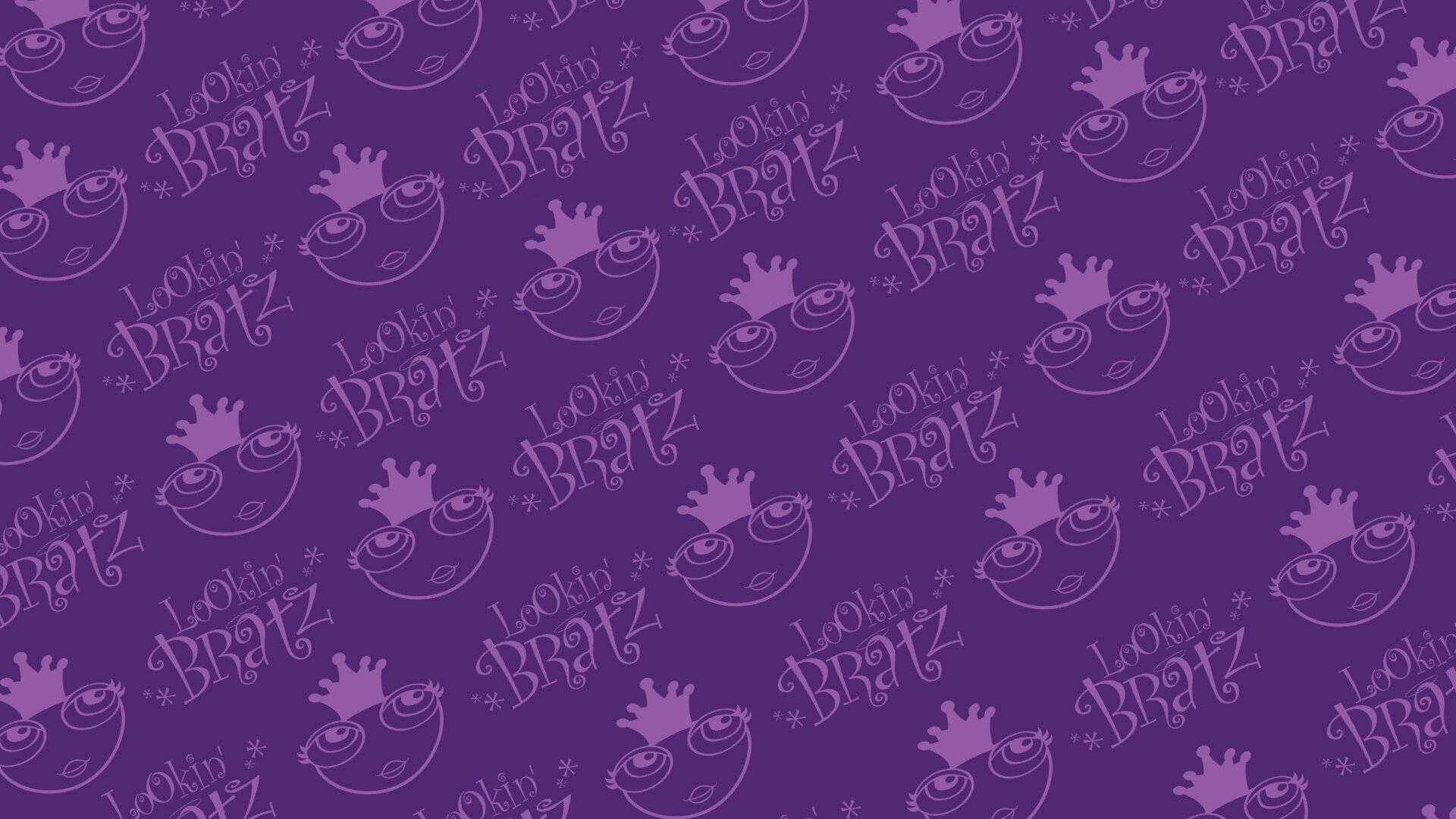 bratz 美學 桌布 壁紙 — 在純紫色背景上重複的紫色 Bratz 標誌圖案，帶有皇冠眼睛的角色。
