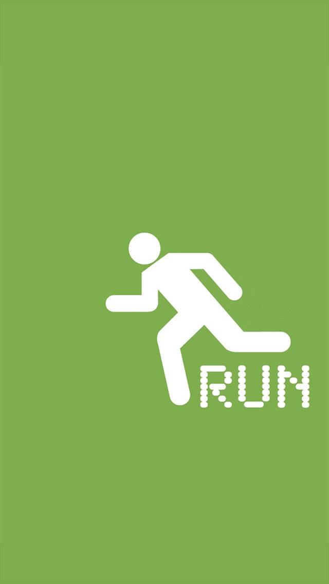 Fitness Motivation iPhone 桌布 壁紙 — 在純綠色背景上，一個極簡的白色跑步人物和像素化的run文字。