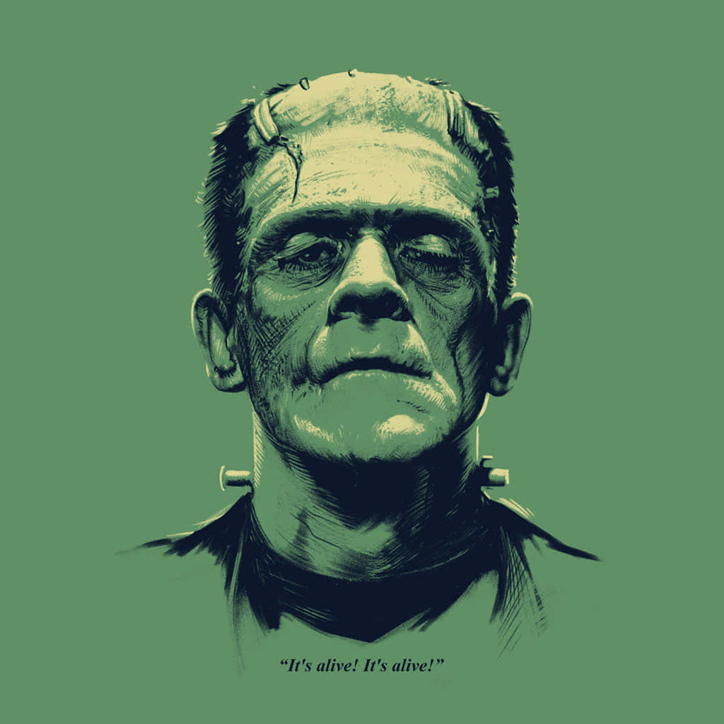 Frankenstein 桌布 壁紙 — 在純綠色背景上，一幅風格化的法蘭克斯坦怪物插圖，帶有可見的螺栓和縫合疤痕。
