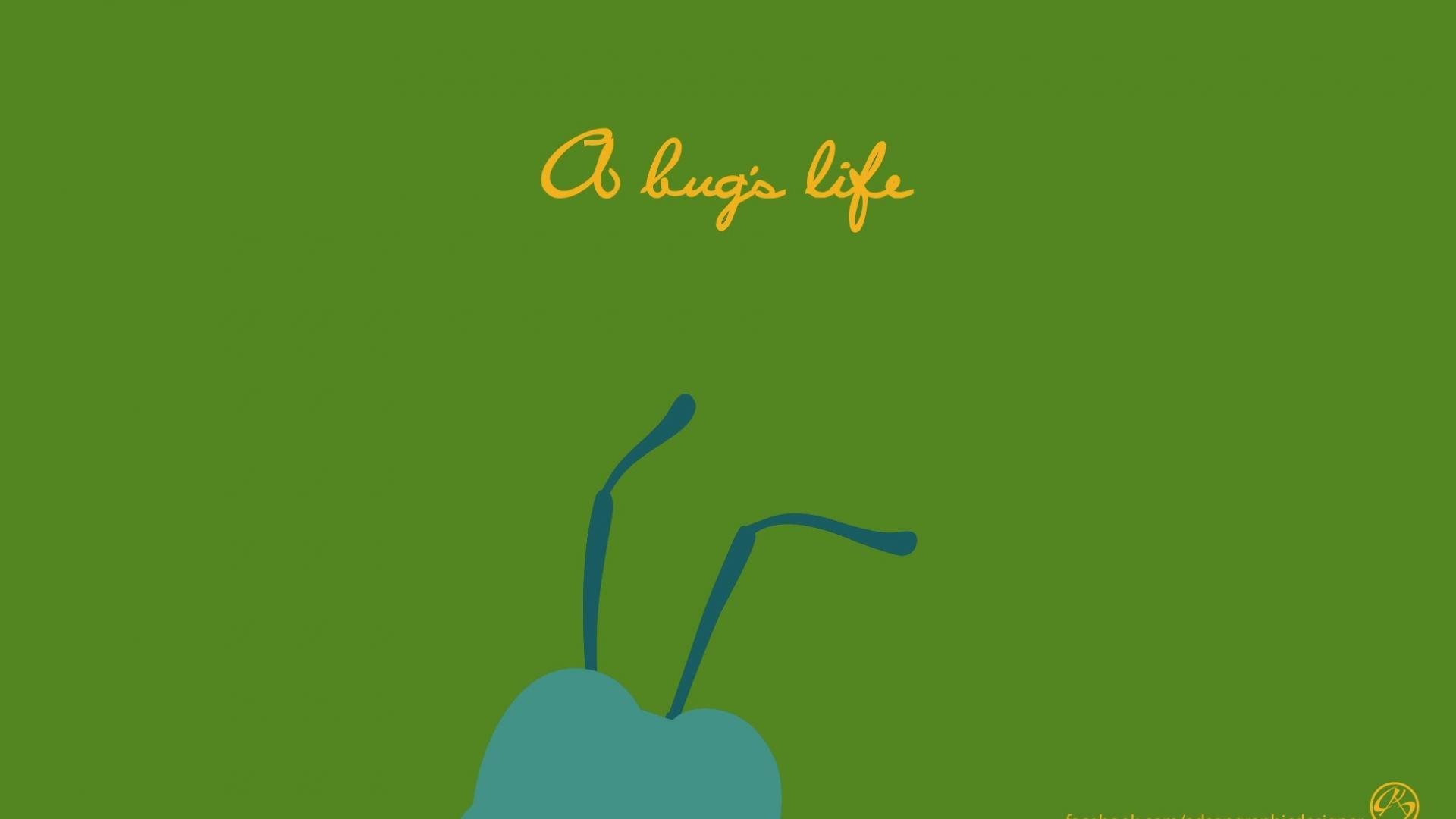 life 桌布 壁紙 — 在純綠色背景上帶有黃色草書文字的藍色蟲子剪影極簡插圖。