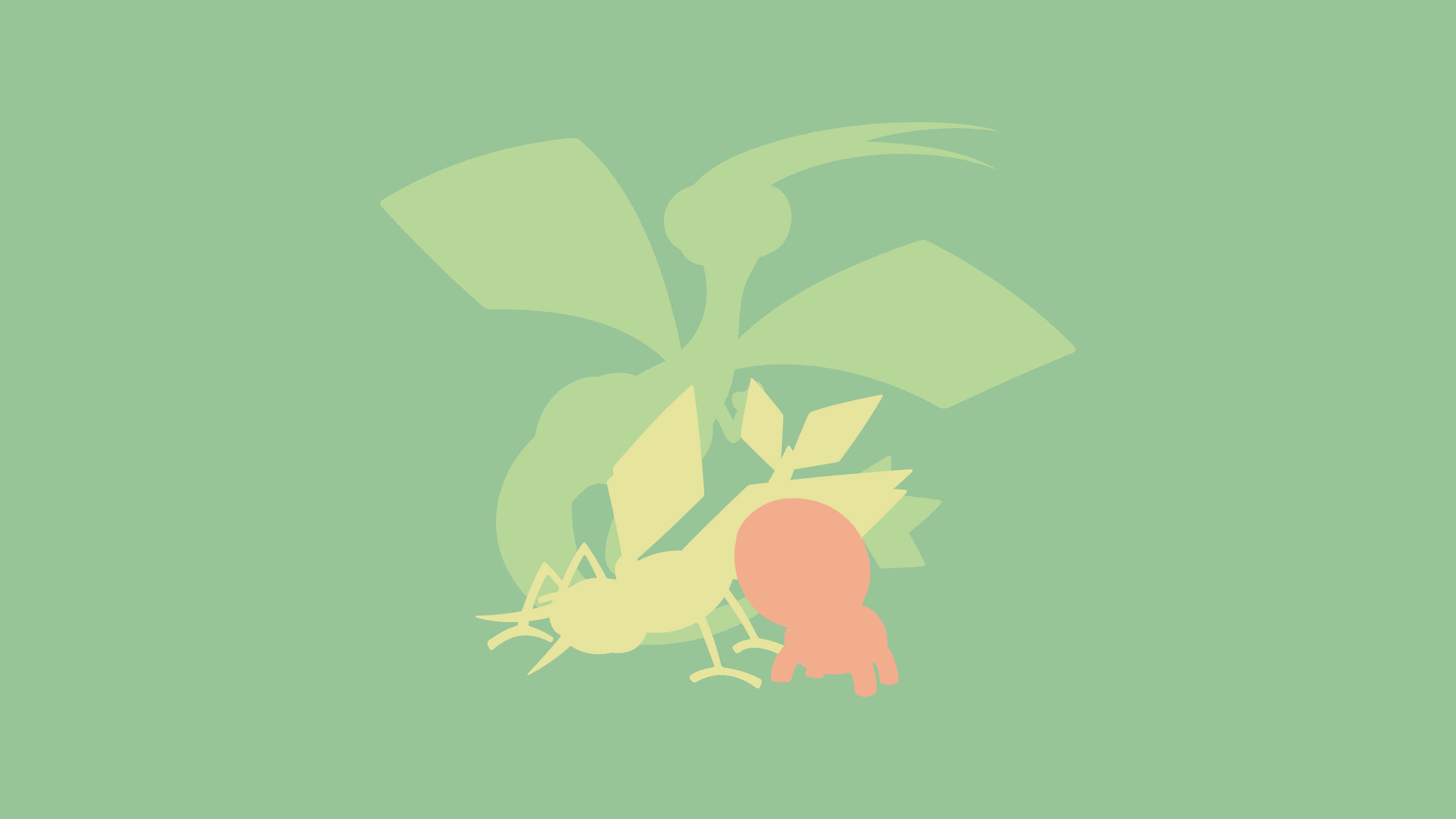 Trapinch 桌布 壁紙 — 在純綠色背景上的蜻蜓和瓢蟲的極簡平面插圖。