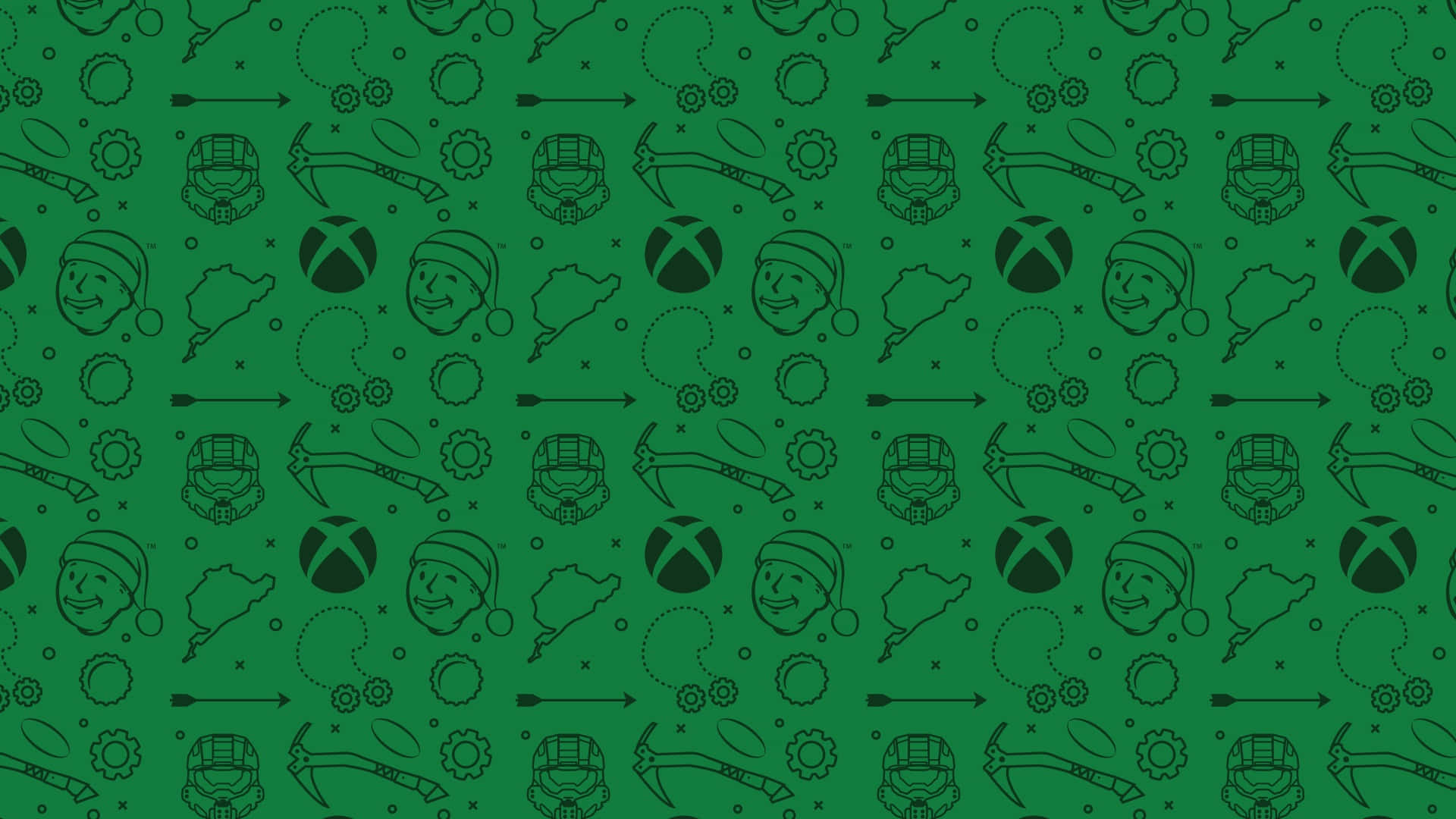 Xbox 桌布 壁紙 — 在純綠色背景上重複的Xbox標誌和遊戲圖標圖案。