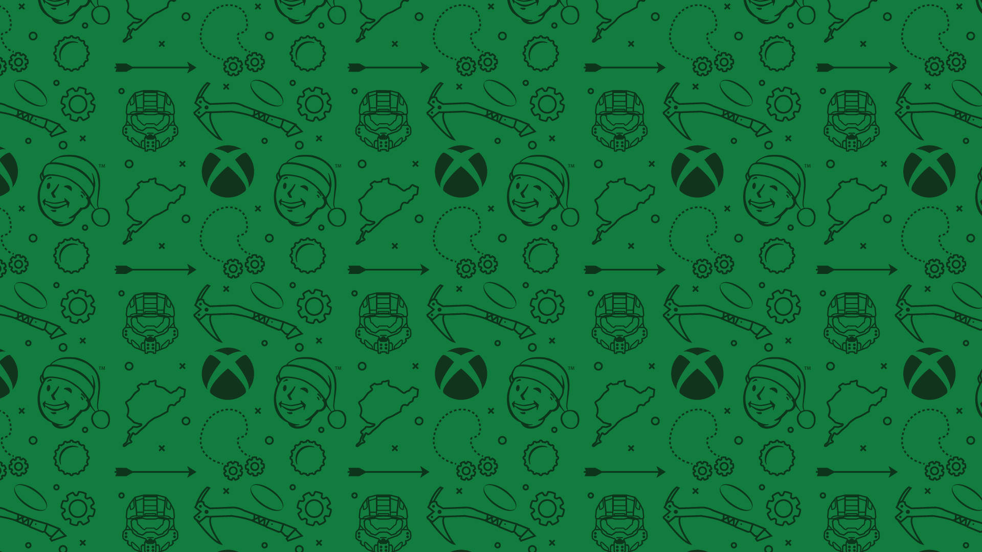 Xbox 桌布 壁紙 — 在純綠色背景上重複的Xbox標誌和遊戲圖標圖案。