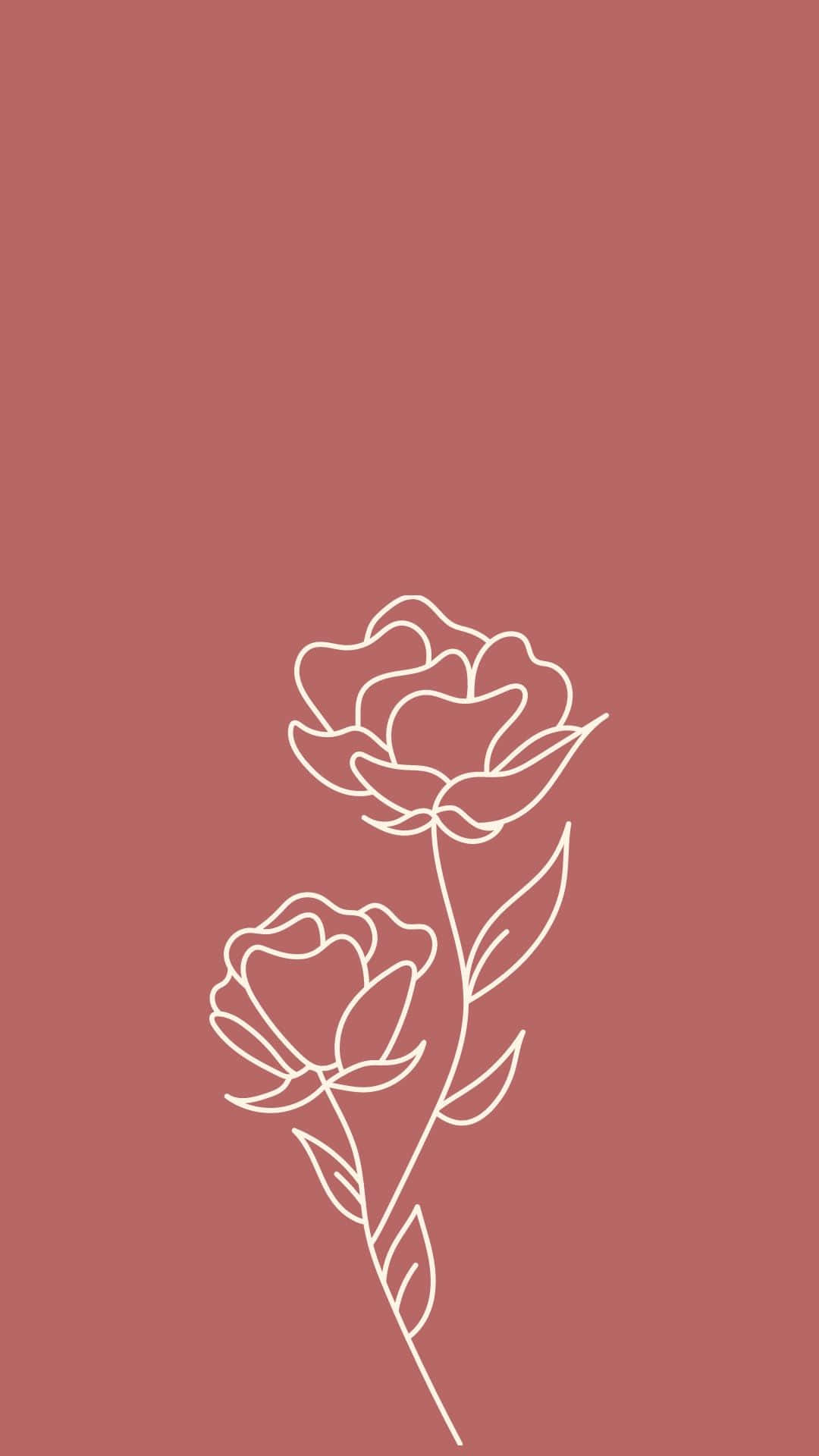 Aesthetic Rose 桌布 壁紙 — 在純色塵粉玫瑰背景上，兩朵玫瑰的極簡白色線條畫。