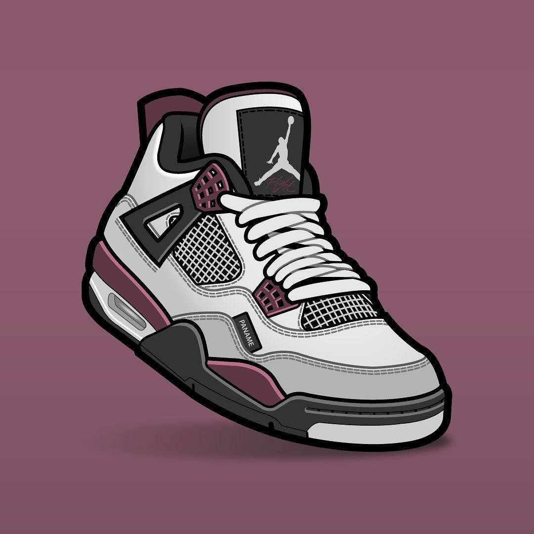 Nike 桌布 壁紙 — 在純色紫紅色背景上，一雙白色、黑色和紫色的Jordan 4運動鞋的風格化插圖。