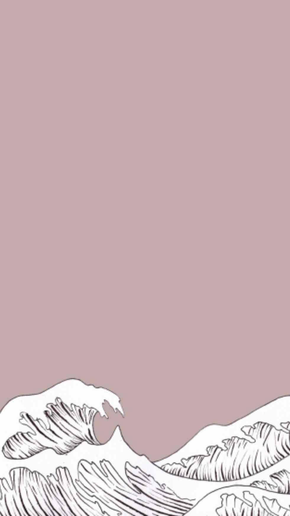 美學 Tumblr 桌布 壁紙 — 在純色紫紅色背景上的白色線條藝術極簡波浪插圖。